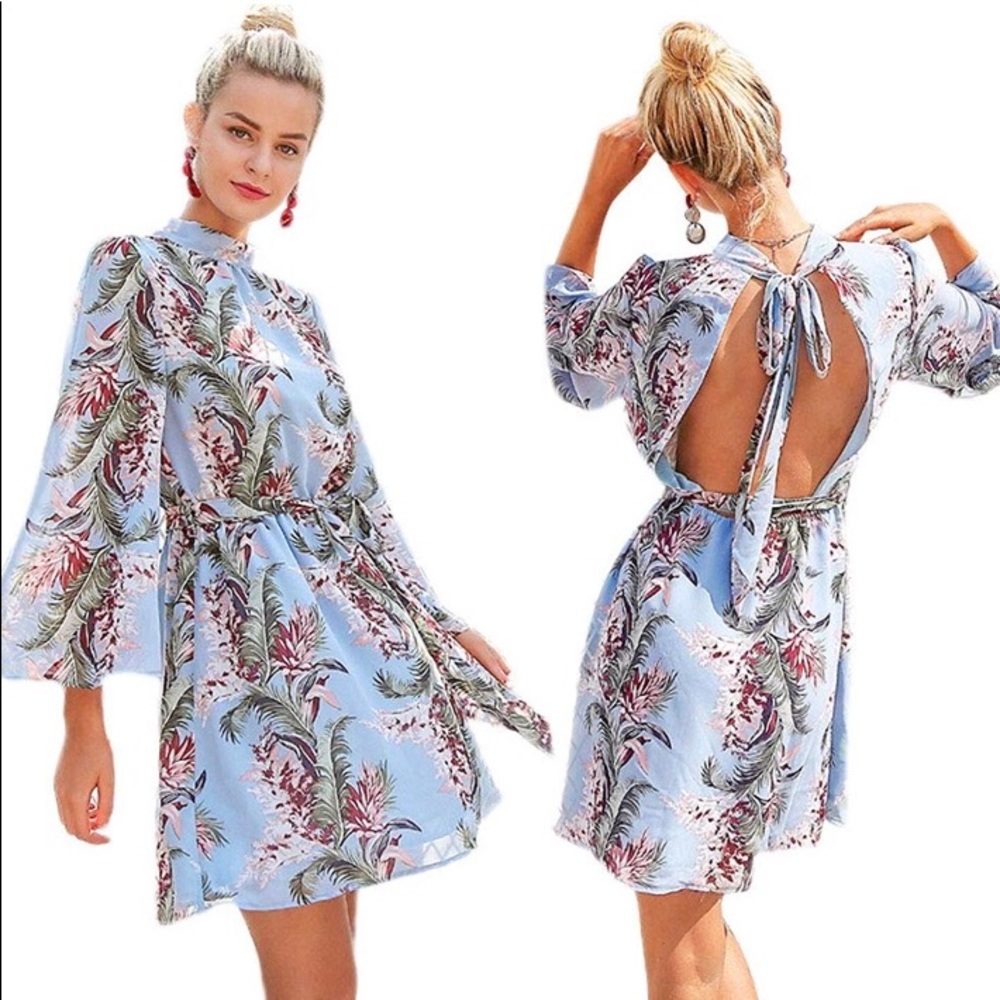 Open back blue floral printed dress